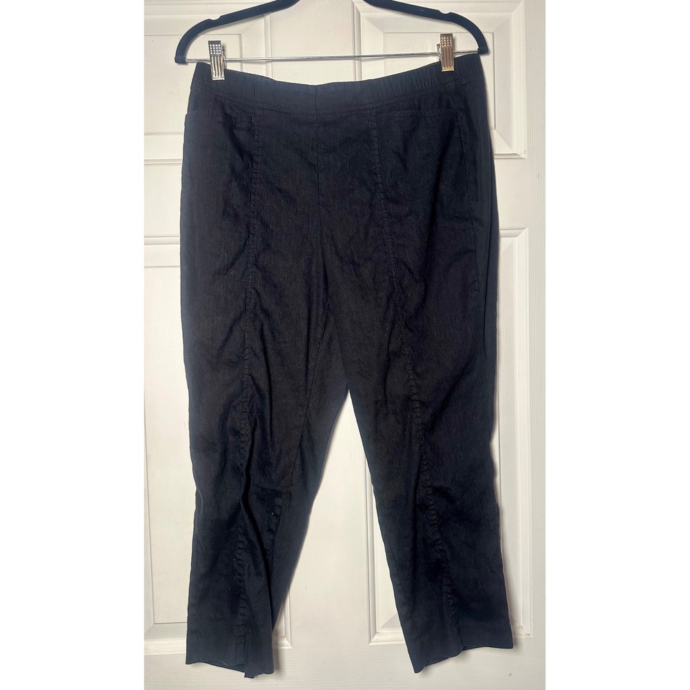 J Jill Black Linen Stretch Petite M Pull On‎ Cropped Pants Trousers